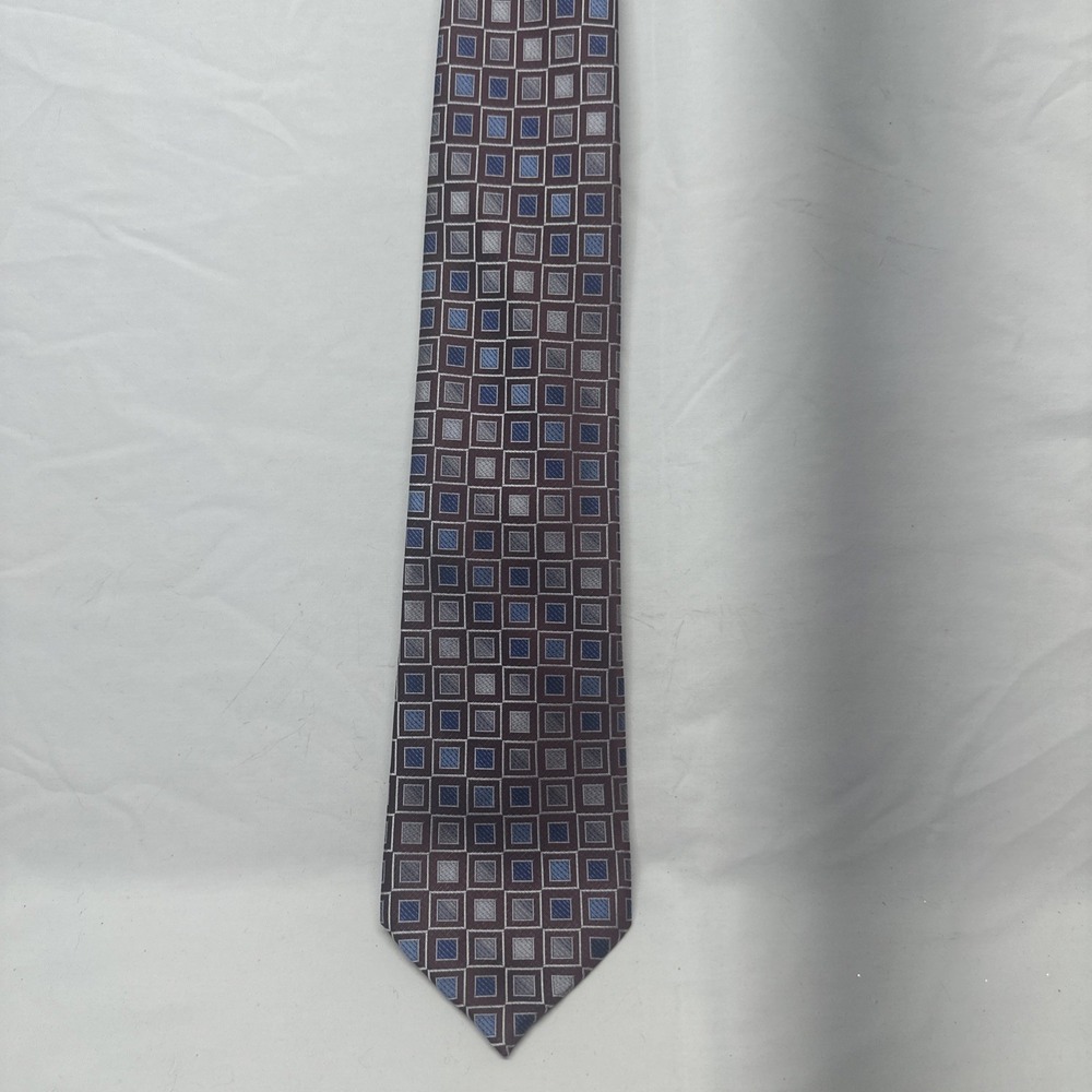 Pronto Uomo Necktie Mens OS Burgundy Blue Silver Geometric Square Silk Hand Made